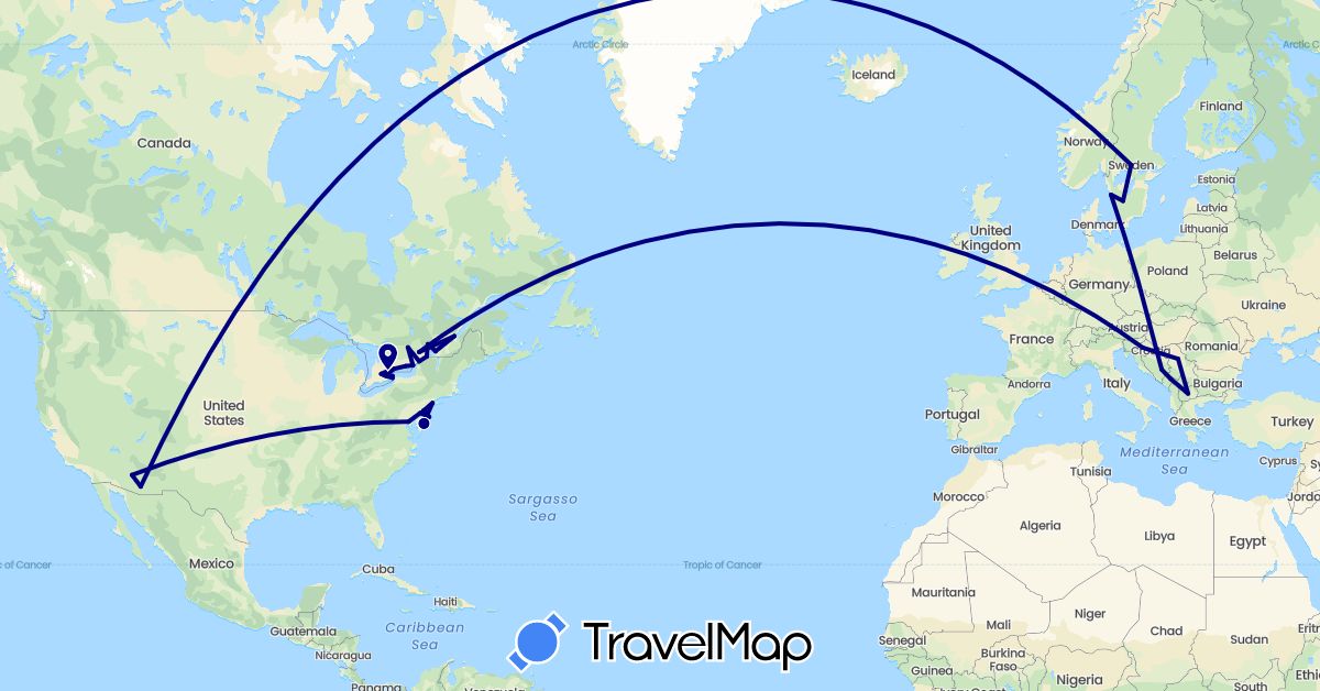TravelMap itinerary: driving in Bosnia and Herzegovina, Canada, United Kingdom, Croatia, Montenegro, Macedonia, Serbia, Sweden, United States (Europe, North America)